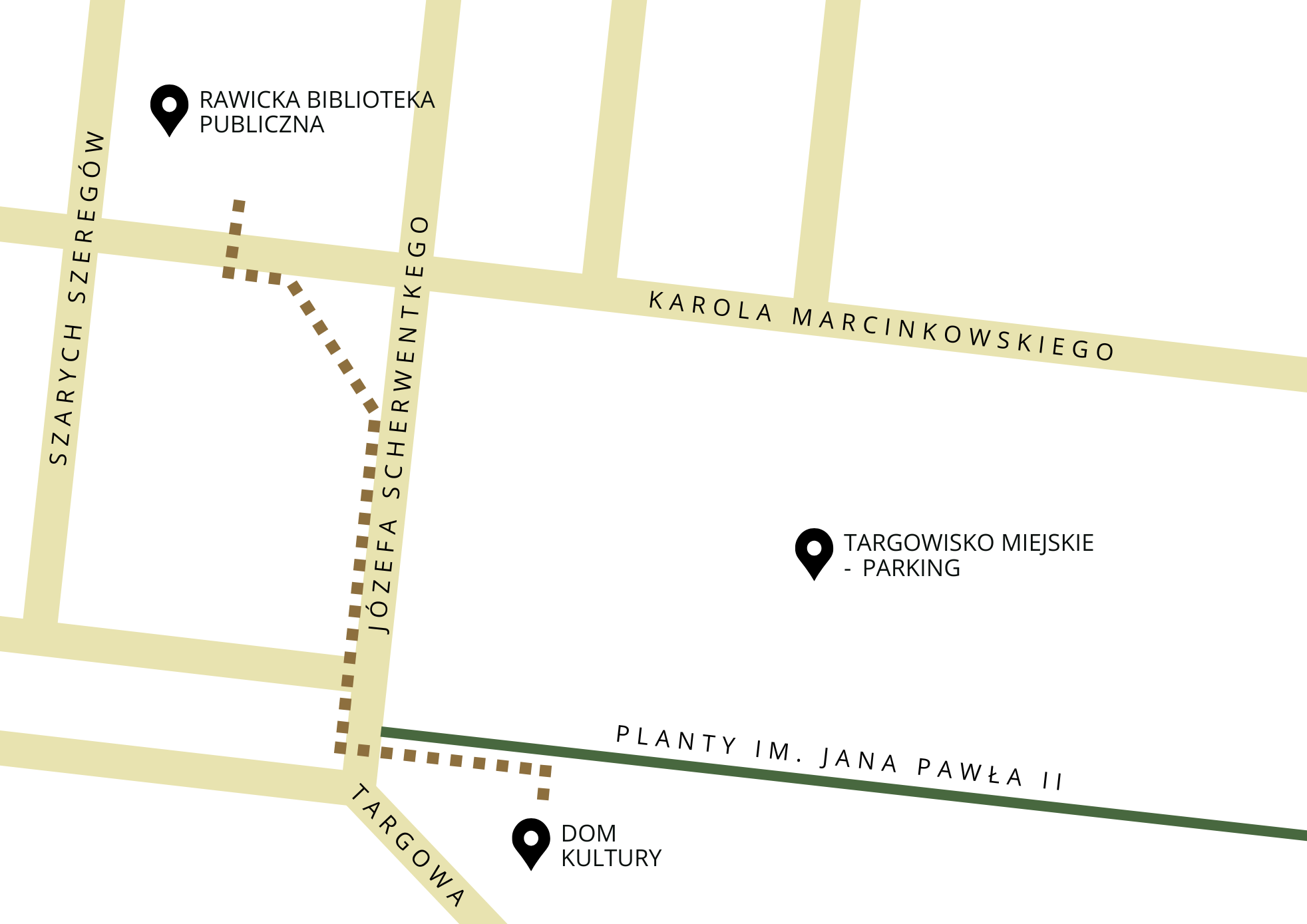 Mapa okolicy: Rawicka Biblioteka Publiczna, Dom Kultury i parking na targowisku miejskim; kropkami zaznaczono przejście ulicą Józefa Scherwentkego