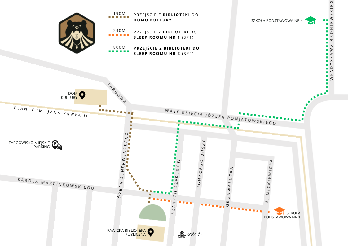 Mapa tras piechotą z Rawickiej Biblioteki Publicznej do Domu Kultury (190 m) oraz do Sleep Roomów w SP1 (240 m) i SP4 (800 m)