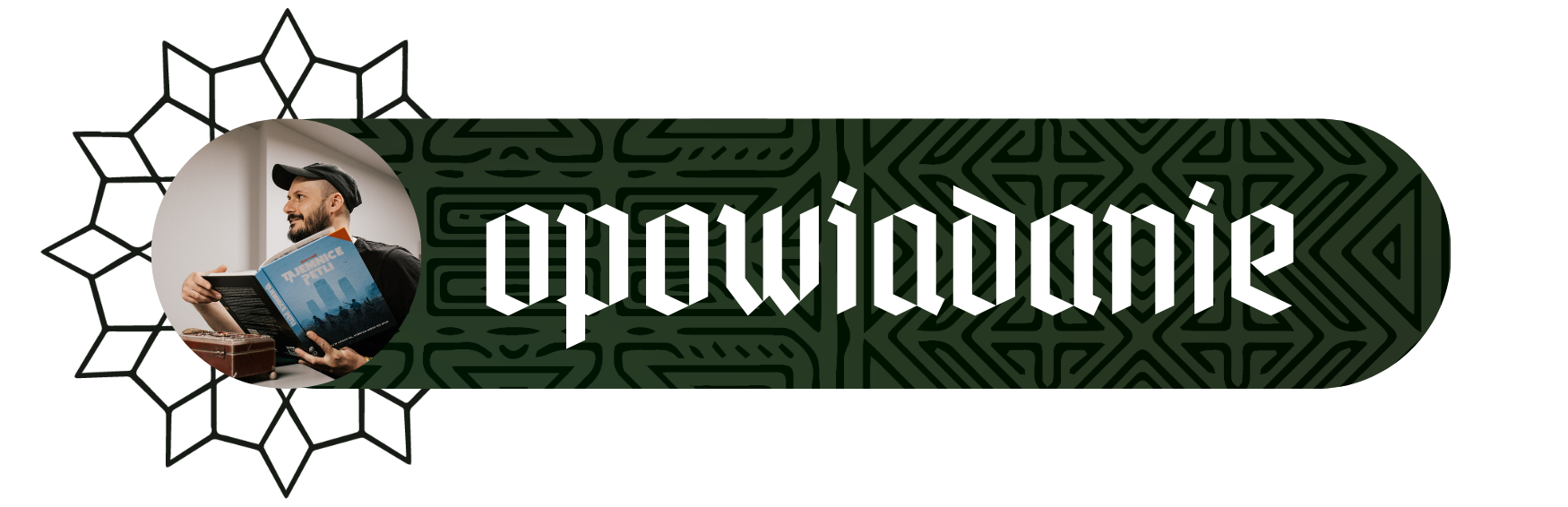 Nagłówek sekcji „opowiadanie” – napis na zielonym pasku ze zdjęciem mężczyzny w czapce czytającego książkę