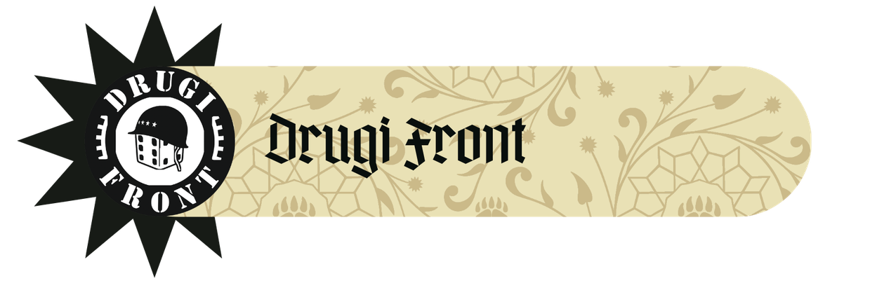 Drugi Front – baner gościa RawiKonu z logo: kość do gry w hełmie wojskowym w czarno-białym okręgu