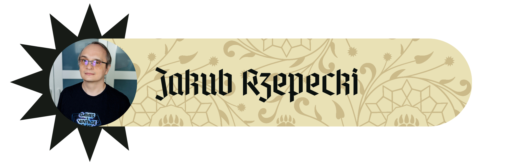 Jakub Rzepecki – baner gościa RawiKonu ze zdjęciem mężczyzny w okularach i koszulce Games & Vintage