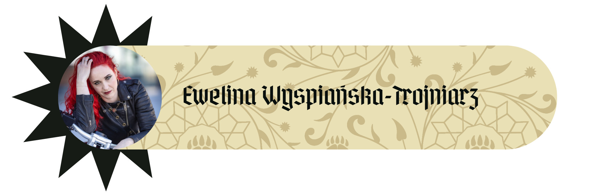 Ewelina Wyspiańska-Trojniarz – baner gościa RawiKonu ze zdjęciem portretowym kobiety o czerwonych włosach w skórzanej kurtce