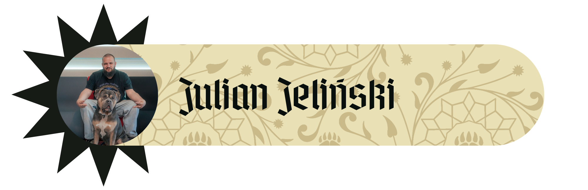 Julian Jeliński – baner gościa RawiKonu ze zdjęciem mężczyzny siedzącego z dużym psem