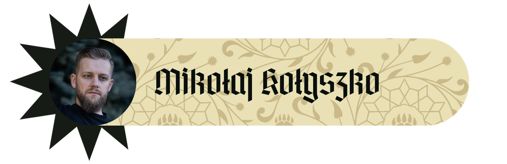 Mikołaj Kołyszko – baner gościa RawiKonu ze zdjęciem portretowym brodatego mężczyzny