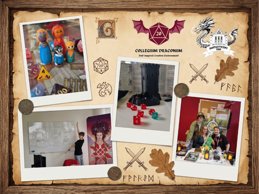 Kolaż Collegium Draconium (DnD Inspired Creative Environment, Fantastyczny UAM): zdjęcia figurek, kości do gry i sesji na tle pergaminu