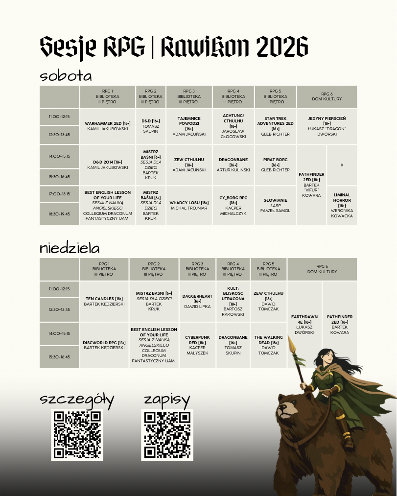 Plakat: Sesje RPG RawiKon 2026 – rozkład sesji w sobotę i niedzielę w salach RPG 1–5 w Bibliotece i RPG 6 w Domu Kultury