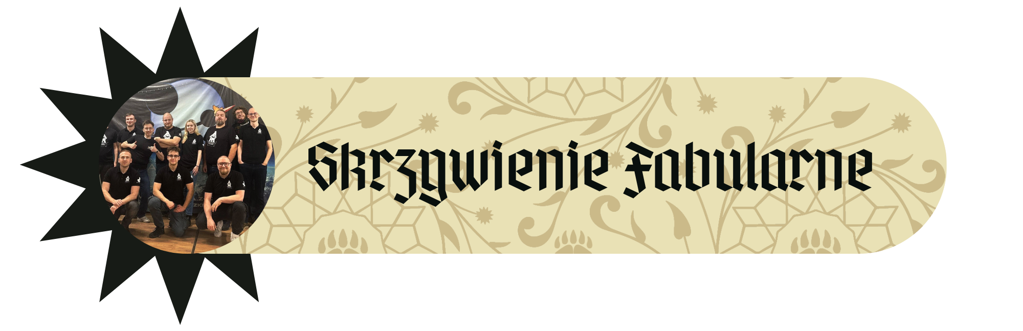 Skrzywienie Fabularne – baner wioski tematycznej ze zdjęciem grupy członków w czarnych koszulkach
