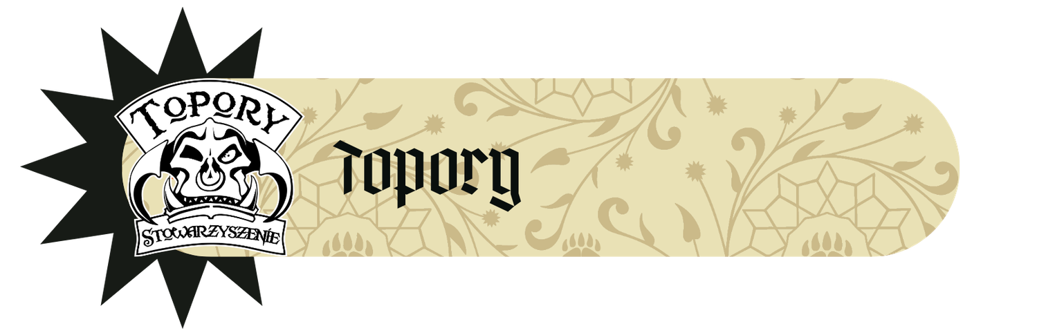 Topory – baner wioski tematycznej z logo Stowarzyszenia Topory: czaszka z toporami
