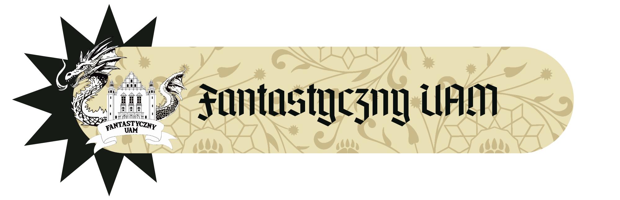 Fantastyczny UAM – baner gościa RawiKonu z logo koła: smok owinięty wokół budynku z napisem Fantastyczny UAM