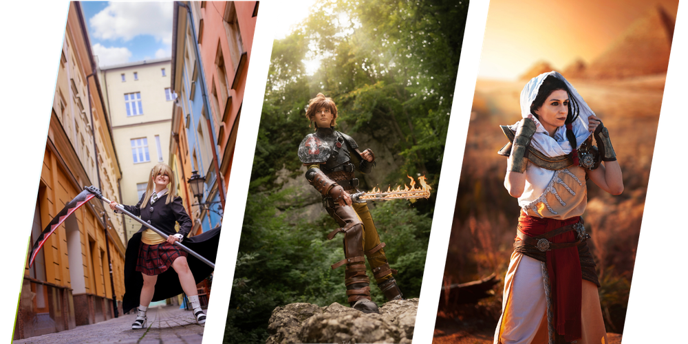 Kolaż trzech zdjęć cosplayerów: dziewczyna z kosą w mundurku szkolnym, wojownik z płonącym mieczem i kobieta w białym kapturze